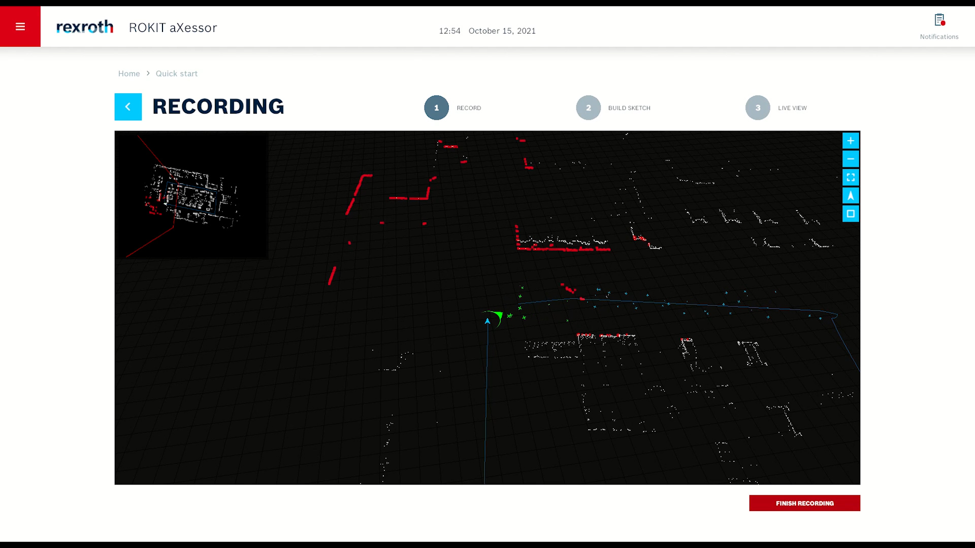 A screenshot of Bosch Rexroth Rokit Locator software recording a warehouse map.