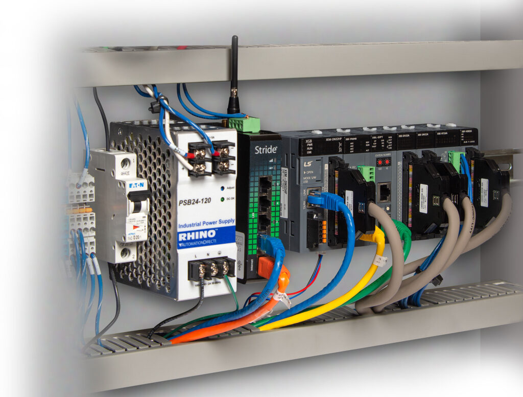 Figure 1: A motion-optimized PLC, like the AutomationDirect LS Electric XGB shown installed here, combines proven automation control and data connectivity with multi-axis servo controllers in a compact platform.