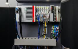 Beckhoff offered powerful control and DAQ technologies in space-saving form factors, including the DIN rail-mounted CX5130 Embedded PC (left) and ELM3502 measurement terminal (metal module on right). (© Beckhoff, 2023)